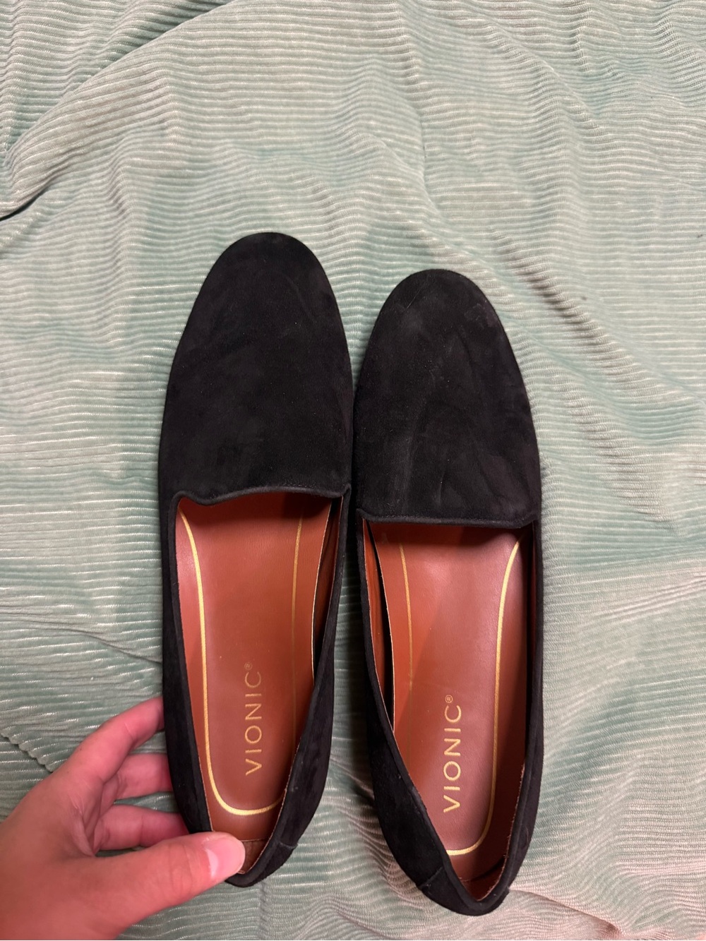 Vionic Black Suede Loafers with Brown Insole
